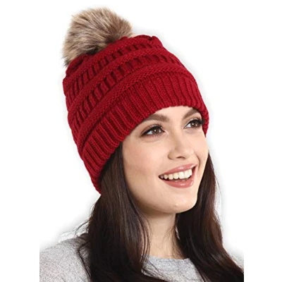Image of Brook + Bay Beanie Hats for Women, Pom Hat Soft Chunky Knit Cold Weather, Stocking Cap Women Winter Maroon