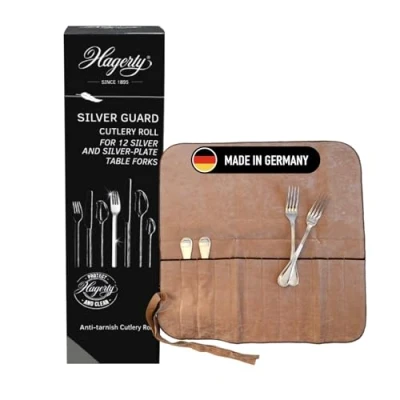 Image of Hagerty silver Guard Cutlery Roll Practical pouch for &amp; plated metal 43.5x43cm with tarnish protection holder table forks 12 compartments A119002 Tan