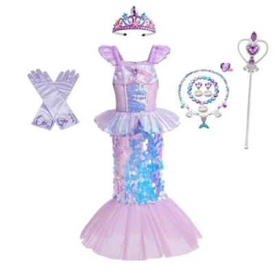Image of Lito Angels Little Mermaid Princess Fancy Dress Up Costume with Accessories Birthday Party Outfit for Kids Girls Age 6 7 Years, Purple