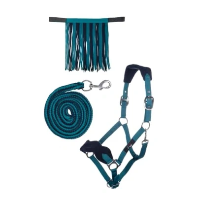 Image of HKM Set mit Karabiner &amp; Fliegenfransen Halter Petrol/Navy Pony