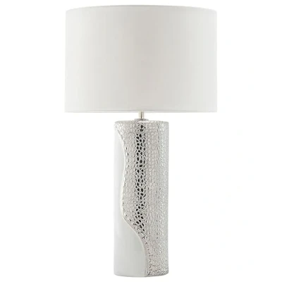 Image of Modern Table Lamp White Cylindrical Faux Silk Drum Shade Porcelain Base Aiken