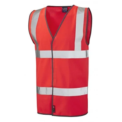 Image of Leo Workwear Tarka 100% Knitted Polyester Lightweight &amp; Durable High Visibility Waistcoat, 6X Large, Hi Vis Red