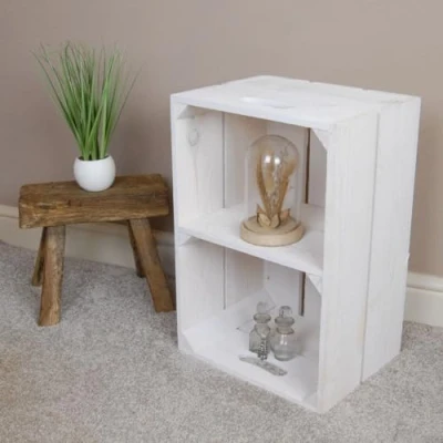 Image of UNDERGROUND PARTS Jones &amp; Grey Vintage Style White Rustic Wooden Apple Fruit Crate Bushel Box with Shelf