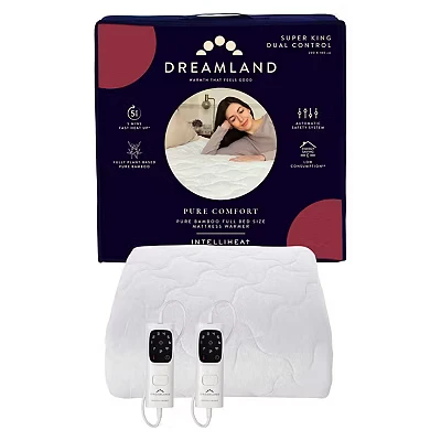 Image of Dreamland Super King 100% Bamboo Electric Blanket, 2 Detachable controls, Fast Heating Underblanket, 6 Heat Settings, Hypoallergenic, Auto Safety Shut Off, 200x180cm, Heated Bed
