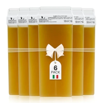 Image of Dermawax 6x Roll on Olive Wax 100 ml Gentle Hair Removal for Legs, Arms, Back, Underarms, and Bikini Area, Moisturizing Skin Nourishing, Ideal Salon Home Use refill set