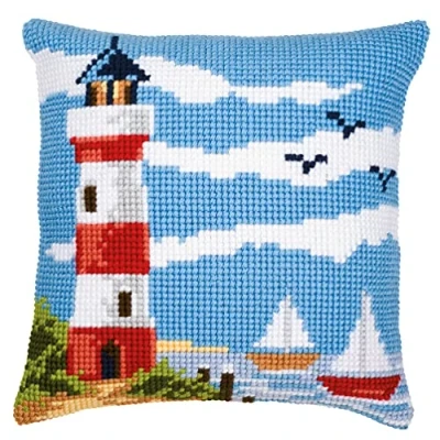 Image of Vervaco Lighthouse Scene Cross Stitch Cushion, Multi Colour, Small
