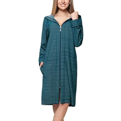Image of Aquarti Women&#039;s Bathrobe Striped with Zip and Hood, Stripe pattern emerald green, L