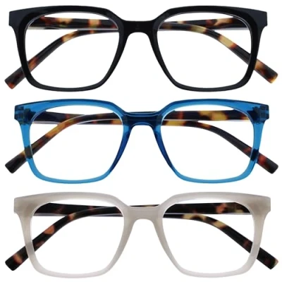 Image of OPULIZE KOI Reading Glasses 3 Pack Large Rectangular Frame Black Blue Grey Mens Womens Spring Hinges RRR50 137 +1.00