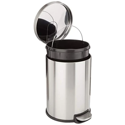 Image of Amazon Basics Round Cylindrical Dustbin With Steel Bar Pedal, Soft Closing Mechanism For Home and Office Use, 20 Litre/5.3 Gallon, Brushed Stainless