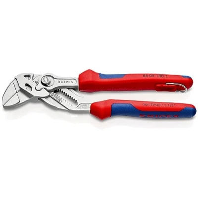 Image of Knipex pliers wrench and a in single tool chrome plated, with integrated tether attachment point for 180 mm (self service card/blister) 86 05 T BK