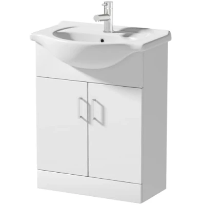 Image of Baystone® 650mm Vanity Unit Basin Sink Bathroom Storage Cabinet Cupboard Freestanding, Single Tap Hole Ceramic Wash Basins, Soft Close Door, White Gloss