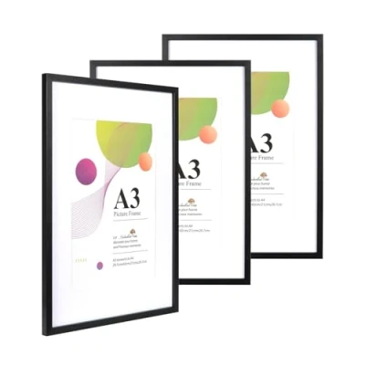 Image of Scholar Tree A3 Black Frame 3 Pack Picture Frame, Frames 29.7 x 42cm, with Wall Hanging, Wooden Photo A4 Mount