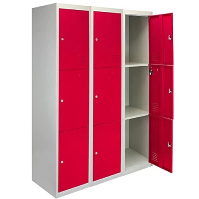 Image of Monster Shop 3 x Red Door Metal Storage Lockers, Blue &amp; Grey Steel Lockable Unit, Gym Changing Room School Staff Locker