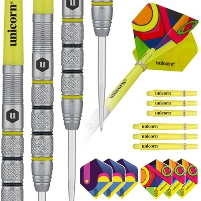 Image of Unicorn Professional Darts Set Flair 2 80% Natural Tungsten Barrels with Black &amp; Yellow Accents Laser Etched U Logo Hallmark Steel Tip 21 g Extra Flights Shafts