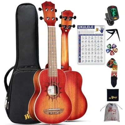 Image of Winzz Ukulele Soprano for Adults Beginners, 21 inch Mahogany Kids Childs Starter Kit, Unique Gifts Set, Design (Carbon Strings, Matte Sunburst)