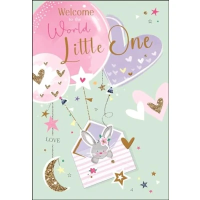 Image of New Baby Birth Congratulations Card Welcome to the World Bunny Rabbit and Balloons Special Finishes Illustrated Insert Leaf Made in UK