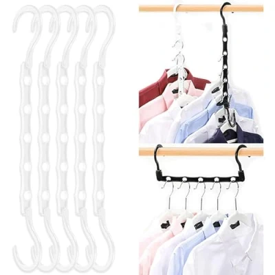 Image of 5 Pack Space Saving Hangers, Closet Organizers and Storage, Magic Sturdy Saver Storage Smart Plastic Clothes Black Hanger, Multiple Hangers in One, Apartment College Dorm Room Essentials (White)