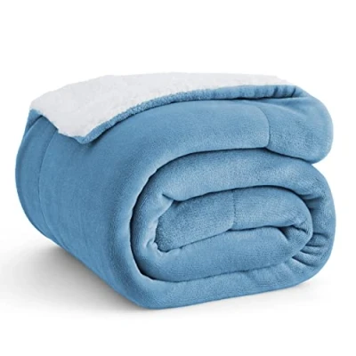 Image of Bedsure Sherpa Fleece Throw Blanket Fluffy Microfiber Solid Blankets for Bed and Couch Double/Twin Size, Washed Blue, 150x200cm