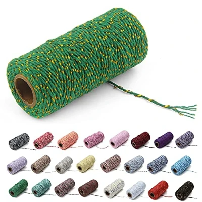 Image of Natural Twine Cotton String Christmas Jute Colored Rope Craft Cord Gift Wrapping (1 Roll, Green &amp; Gold Wire)