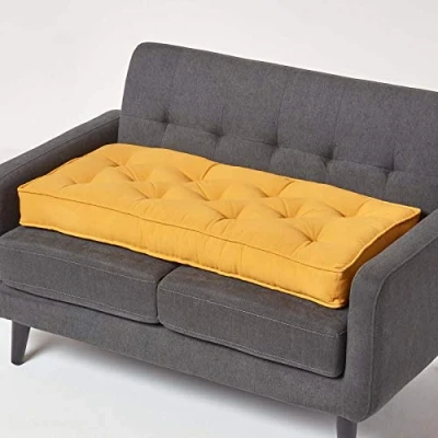 Image of HOMESCAPES Mustard Yellow 2 Seater Booster Cushion Large Firm 100 cm Wide Seat Pad with Supportive 10 Thick Lift for Sofa or Bench Cotton Long the Elderly, Post Surgery &amp; Pregnancy