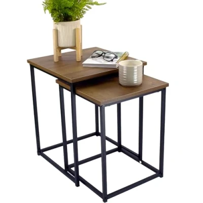 Image of Dylex Nesting Coffee Table, Set of 2 End Tables with Black Metal Frame, wooden Rustic Oak Table Tops, Square