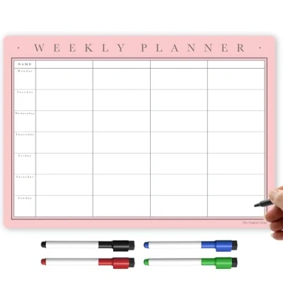 Image of TMS Magnetic Weekly Planner and Organiser A3 Fully Customisable Whiteboard for Family or Business Tasks Meal Planning with 4 Free Dry Wipe Pen (Blush, A3)