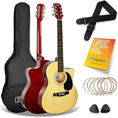 Image of 3rd Avenue Full Size 4/4 Cutaway Electro Acoustic Guitar Pack Bundle for Beginners with 6 Months FREE Lessons, Built in Tuner and EQ Natural