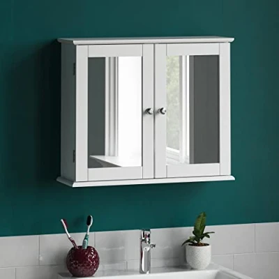 Image of Bath Vida Priano Double Door Mirrored Bathroom Cabinet Storage Cupboard Wall Mounted, White