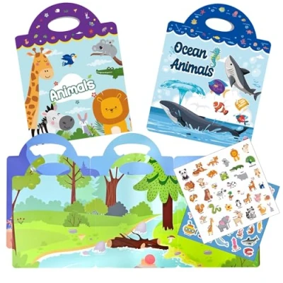 Image of 2 Pack Reusable Sticker Books for Kids,3D Clear Animals Ocean World Scenes Jelly Toys Age 3 4+ Year Old Kids Boys Girls Toddlers Puffy Game Educational Learning Toy Birthday Gifts