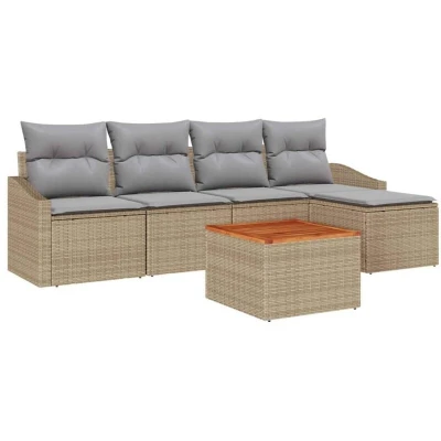 Image of vidaXL 6 Piece Garden Sofa Set with Cushions Beige Poly Rattan Acacia