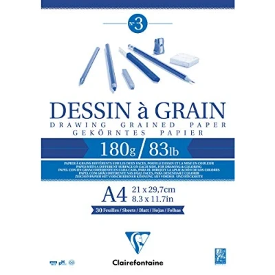 Image of Clairefontaine Ref 96624C White Grained Drawing Paper Glued Pad (30 Sheets) A4 Sized, 180gsm Paper, &amp; Acid Free, pH Neutral