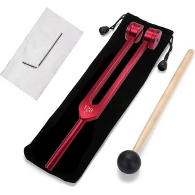 Image of BOBOZHONG Tuning Fork 128 Hz,Aluminium Alloy with Silicone Hammer and Bag Sound Healing Therapy Tool Set for Meditation Red