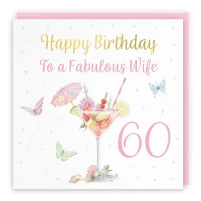 Image of Hunts England 60th Wife Pink Cocktail And Butterflies Birthday Card Luxury Gold Foil Milo&#039;s Gallery Age 60 Drinks, Flowers, Hearts Elegant For Sixty