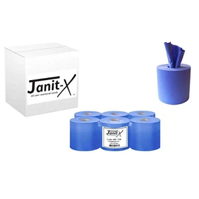 Image of Janit X Eco Centrefeed Roll Blue 2 ply, 150 Set of 6 Large Paper Hand Towels