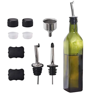 Image of Newk Olive Oil Bottle, 500 ml Glasses &amp; Vinegar Cruet with Pourers + Funnel, Dispensing Cruets, Decanter, Carafe for Kitchen Green