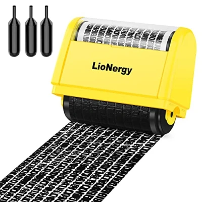 Image of Identity Protection Roller Stamp LioNergy Extra Large 2.0 Inch Theft Prevention Security with 3 Refills Yellow