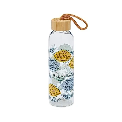 Image of Cooksmart 500ml Glass Water Bottle Eco Friendly With Lid &amp; Carry Handle Bottles For Office, Sports or On The Go Retro Meadows
