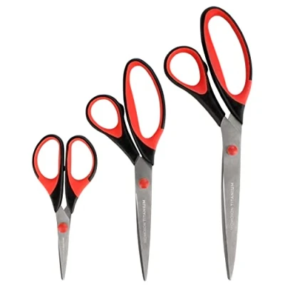 Image of BambooMN Titanium Softgrip Scissors Set for Sewing Arts Crafts Office Jubilee Yarn 1 of 3 Black W/Red Inlays