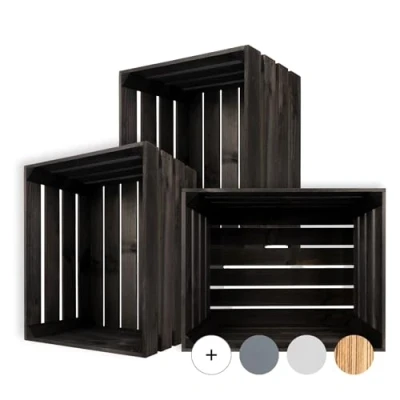Image of Creative Deco 3 x Large Black Wooden Crate with Handles 50x40x30cm Keepsake Chest Storage Box Crates Gift Vintage Farmhouse Display Basket