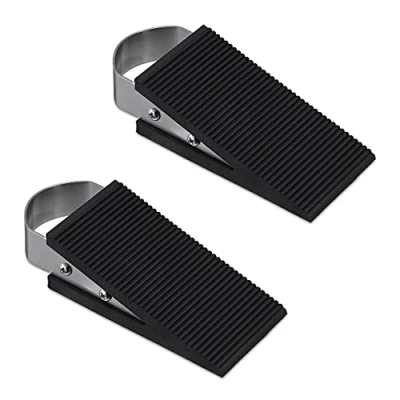 Image of Relaxdays Rubber Doorstop, Set of 2, Non Slip Door Wedge, Plastic &amp; Stainless Steel, HxWxD: 3 x 5 12 cm, Black/Silver
