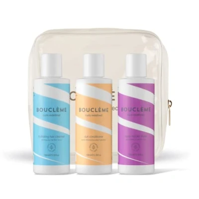 Image of Bouclème Travel Kit Waves Ultimate Haircare Set to Protect and Nourish Cleanser, Conditioner &amp; Super Hold Styler Vegan, Naturally Derived Ingredients, Cruelty Free, 300ml