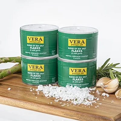 Image of 4 Pack Premium Garlic Sea Salt 70G Vera Gourmet Salts from Cyprus Crystal Flakes, Kosher Certified