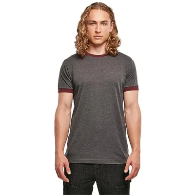 Image of Build your Brand Men&#039;s Ringer tee T Shirt, Charcoal/Cherry, L