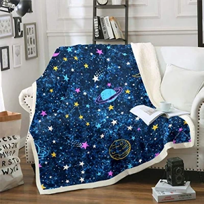 Image of Loussiesd 3D Galaxy Sherpa Blanket Kids Boys Outer Space Theme Fleece Throw Cartoon Planets Stars Plush Universe Starry Sky Fuzzy for Sofa Bed Couch Baby 30x40 Inch