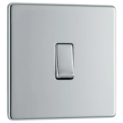 Image of BG Electrical Single Wall Light Switch, 2 Way, Screwless Front Plate, Slim Profile, Premium Flatplate, Polished Chrome, 20A, 16AX, FPC12