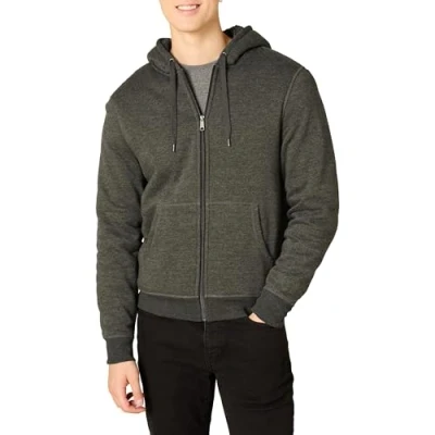 Image of Amazon Essentials Men&#039;s Sherpa Lined Full Zip Fleece Hoodie, Charcoal Heather, S