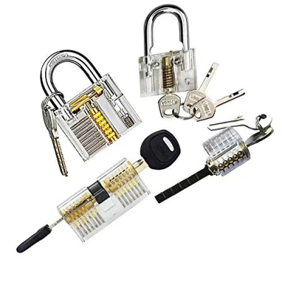 Image of Loboo Idea 4 Pack Padlock Practice Set, Training Tools for Locksmith Beginner, Crystal Visible Padlocks/Transparent Locks, Including Clear Lock, Blade Lock and Cylinder