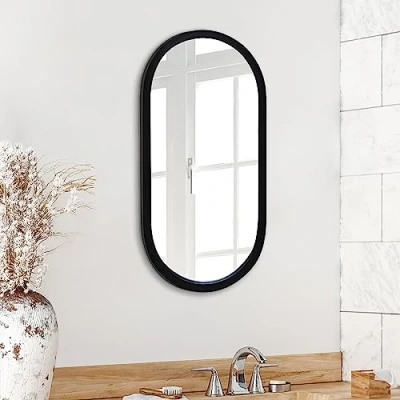 Image of Americanflat 30x60 cm Black Framed Oval Mirror Bathroom for Living Room and Bedroom Wall with Modern Rounded Frame Hanging Hardware
