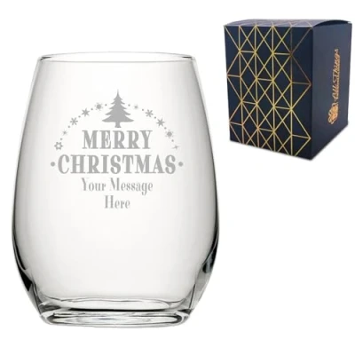 Image of Personalised Engraved Novelty Christmas Stemless Wine Glass with Merry Tree Design, Customise Any Name or Message, Gift Box Included, Laser