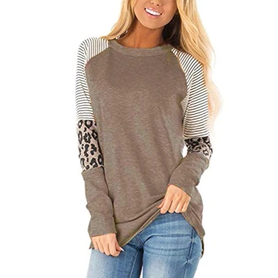 Image of Long Sleeve t Shirts Women Casual Round Neck Raglan Shirt Bardot Top Ladies Shirts, Tshirt Women, Tee Black (Brown, S)